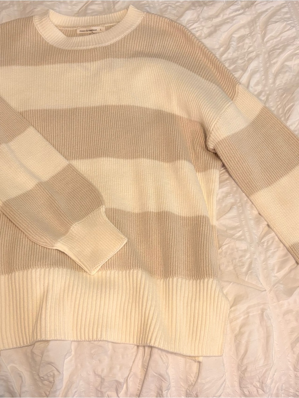 Moon & Madison Cream & Beige Striped Ribbed Crewneck Sweater